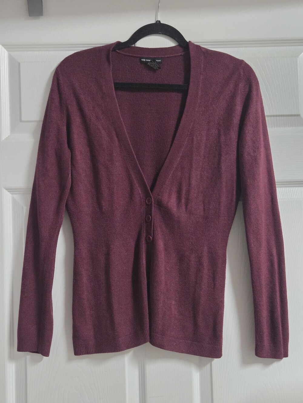 New York & Company Deep Wine V-Neck Button Cardigan Size L